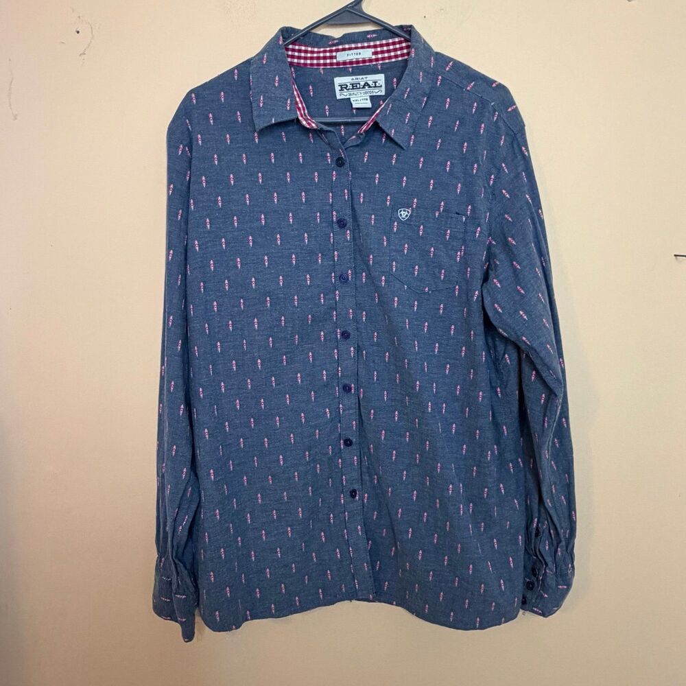 Real Ariat Button Down Shirt Blue with Pink Pattern Size Women's XXL Fitted